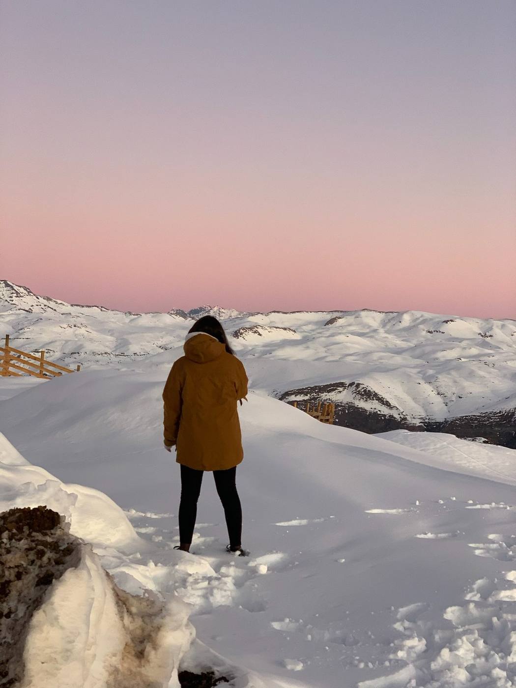 A lone traveller in a yellow jacket facing the snowy Andes at pink dawn