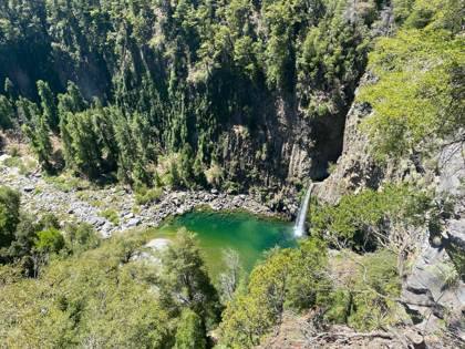 Aerial of turquoise pools in the forest