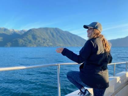 On deck, lake and peaks ahead