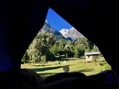 Mountains framed from inside the tent