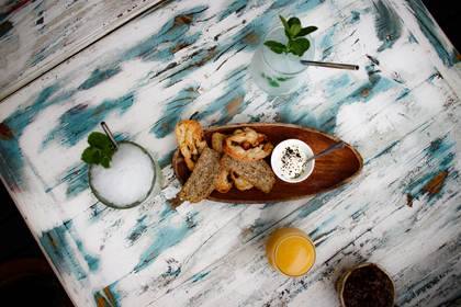 Fresh dishes on a painted table